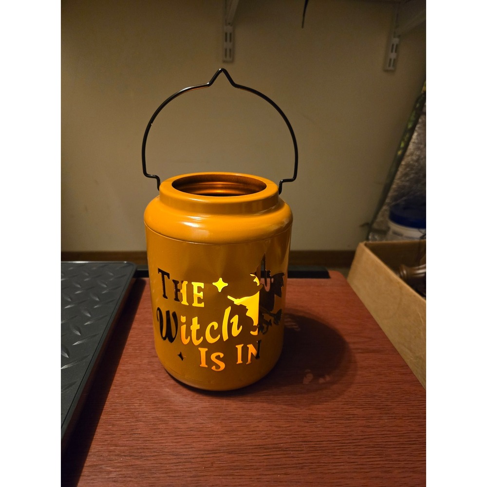 Halloween Orange Metal Lantern The Witch Is In LED Light Up Decor With Handle